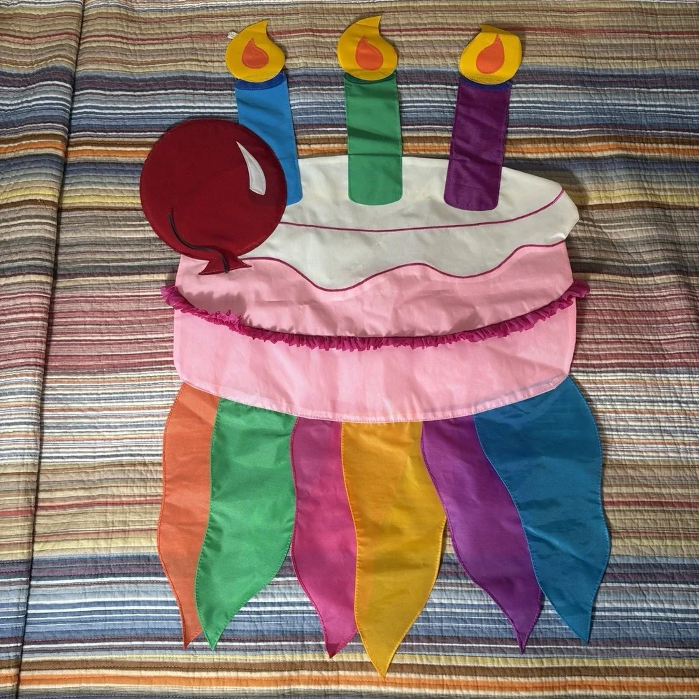 House Flag Happy Birthday Double Sided Banner 28 x 48 Colorful Cake & Balloons